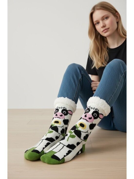 Cozy Moments Accessories - Sherpa-Lined Cow-Themed Non-Slip Cozy Socks One Size Soft & Warm Fun Farm Animal